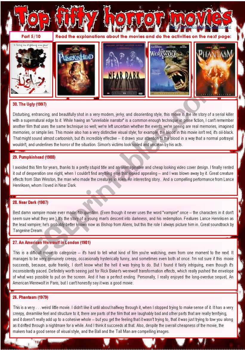 Top fifty horror movies (part 5/10)  reading comprehension, writing, prefix dis, suffix ly [3 pages] +++fully editable